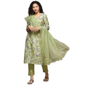 BIBA Printed Poly Cotton Round Neck Women's Kurta Trouser Dupatta Set (Green, Size_38)