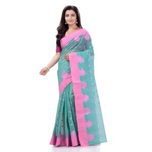 TANTLOOM Tantaloom Women`s Traditional Tant Handloom Woven Tri Phul Design Pure Cotton Saree Without Blouse Piece