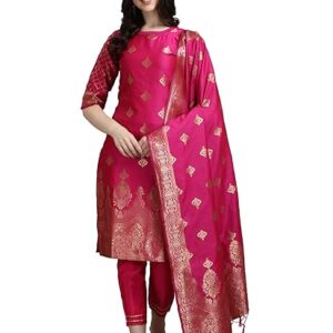 VredeVogel Women's Cotton Silk Jacquard Kurta Pant with Dupatta Set