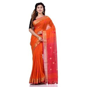 TANTLOOM Women`s Pure Cotton Traditional Bengali Tant Handloom Cotton Saree Round Desigined With Blouse Piece