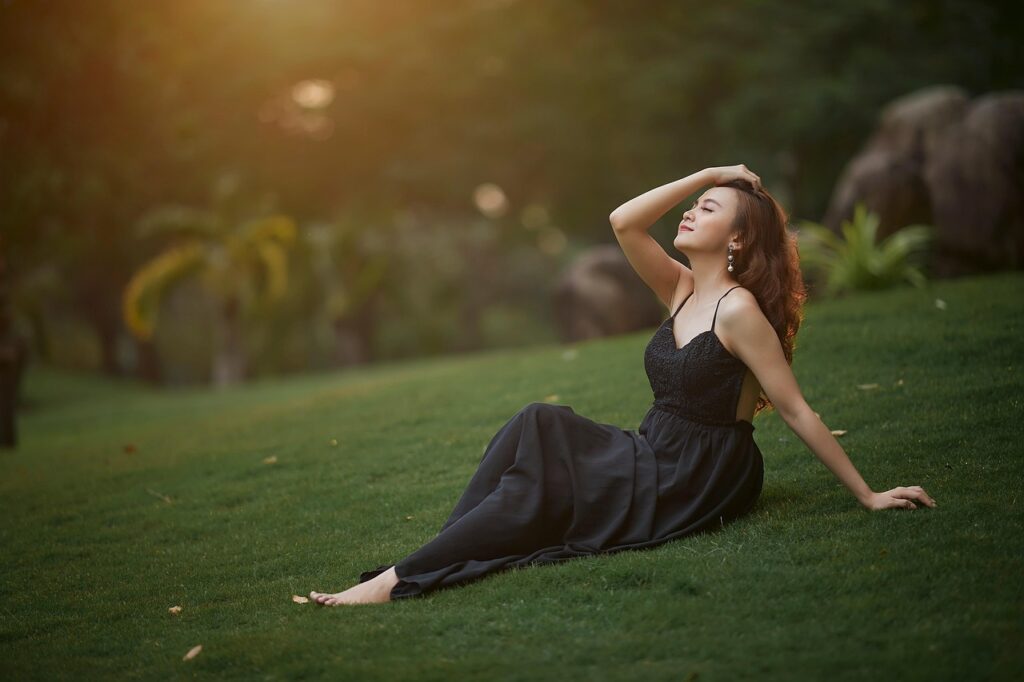 woman, grass, sunset, portrait, dress, nature, countryside, beauty, happiness, lifestyle, garden, model, fashion, style